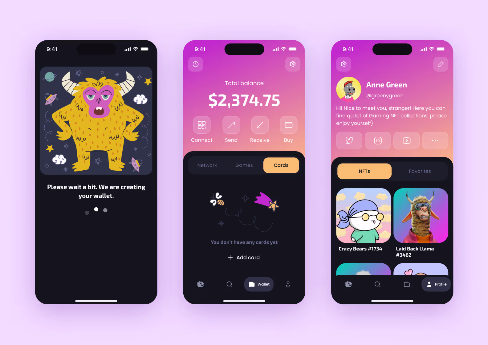 Screens of the mobile version of the cryptocurrency wallet: registration, main screen, and profile