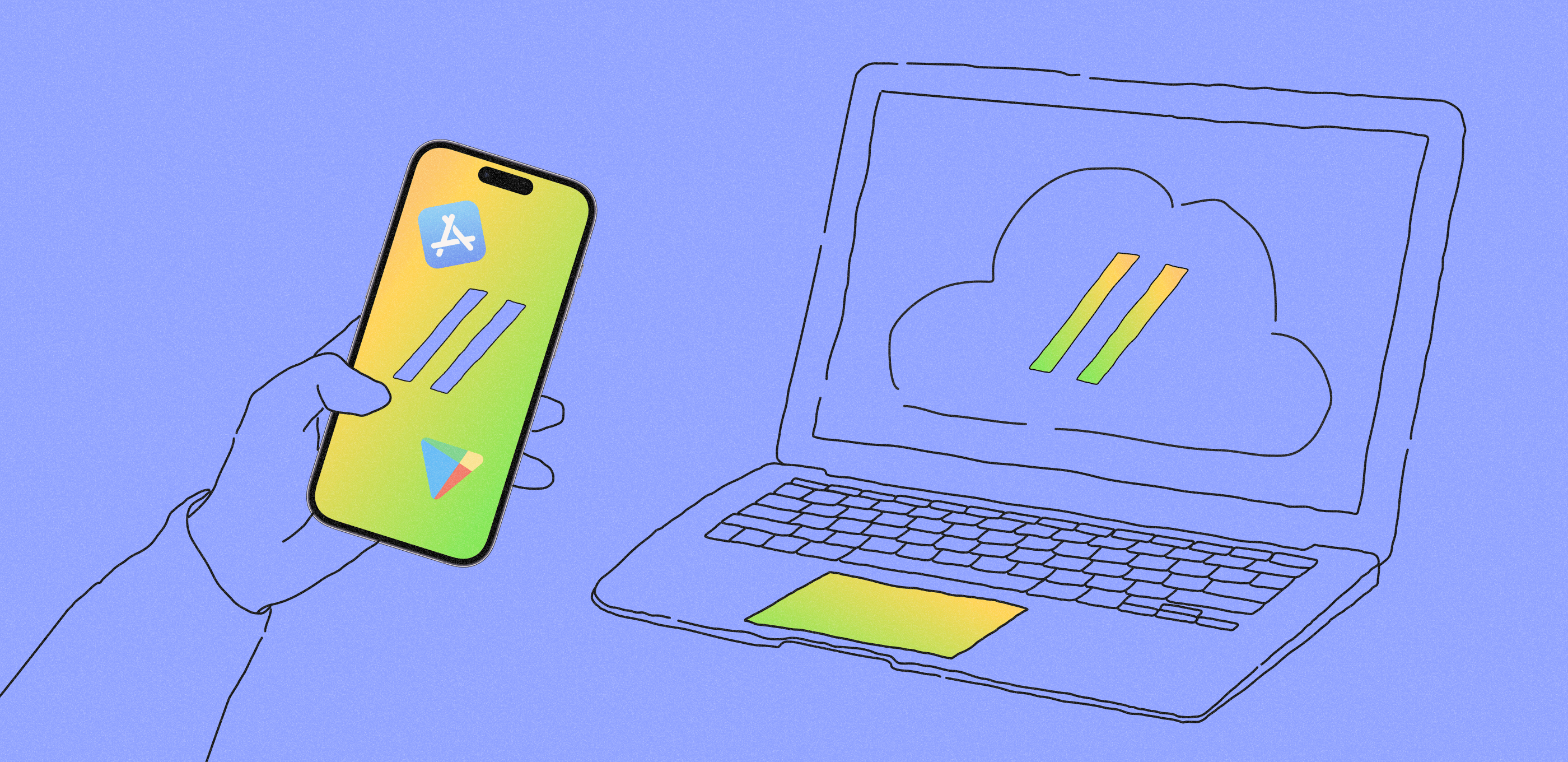 a hand holding a smartphone with App Store, Google Play, and Purrweb logos on the screen; a laptop with a Purrweb logo inside a cloud on the screen