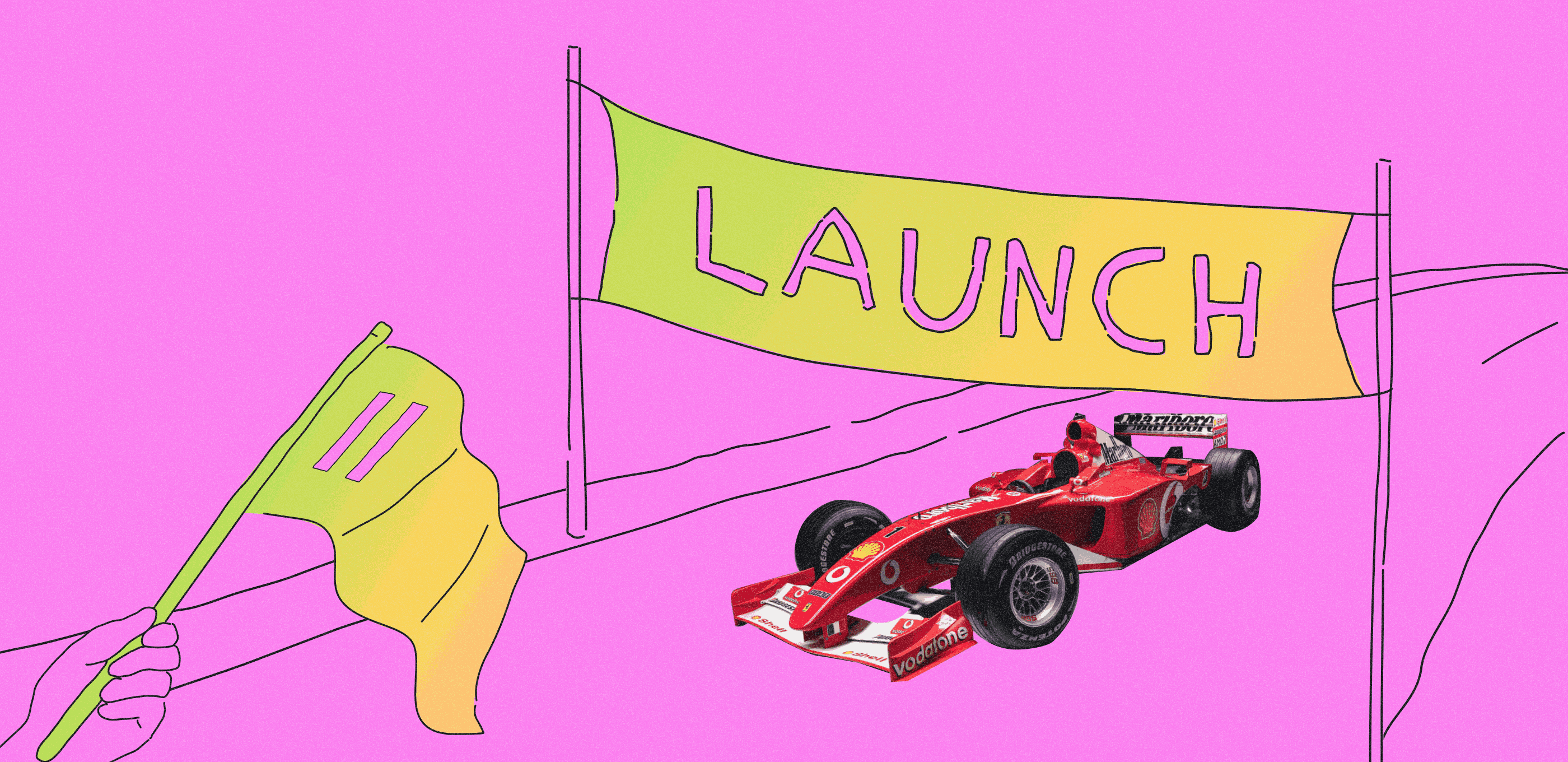 a racing car approaching the finish line with the word “Launch” and a hand waving a checkered flag