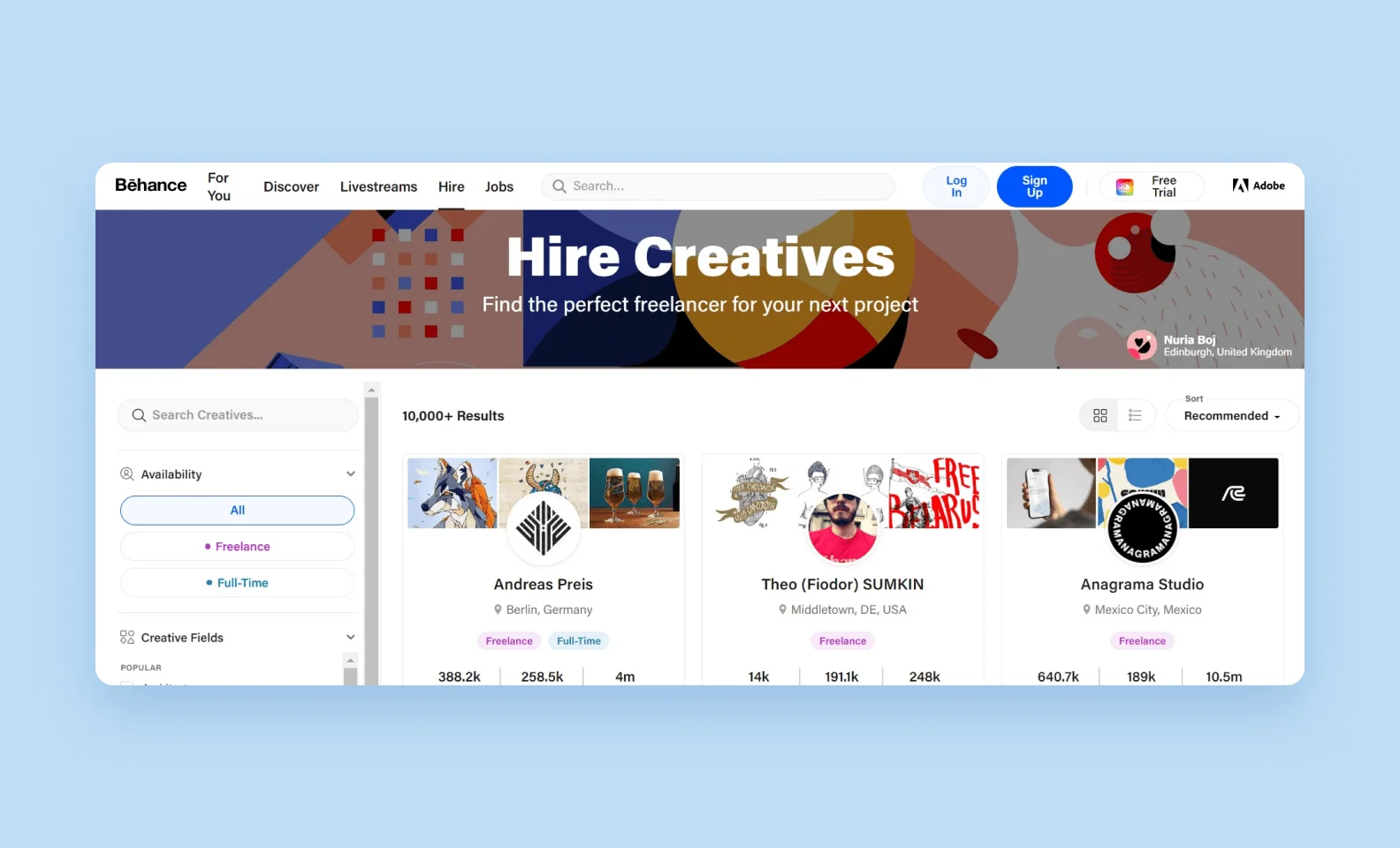 Behance homepage screenshot