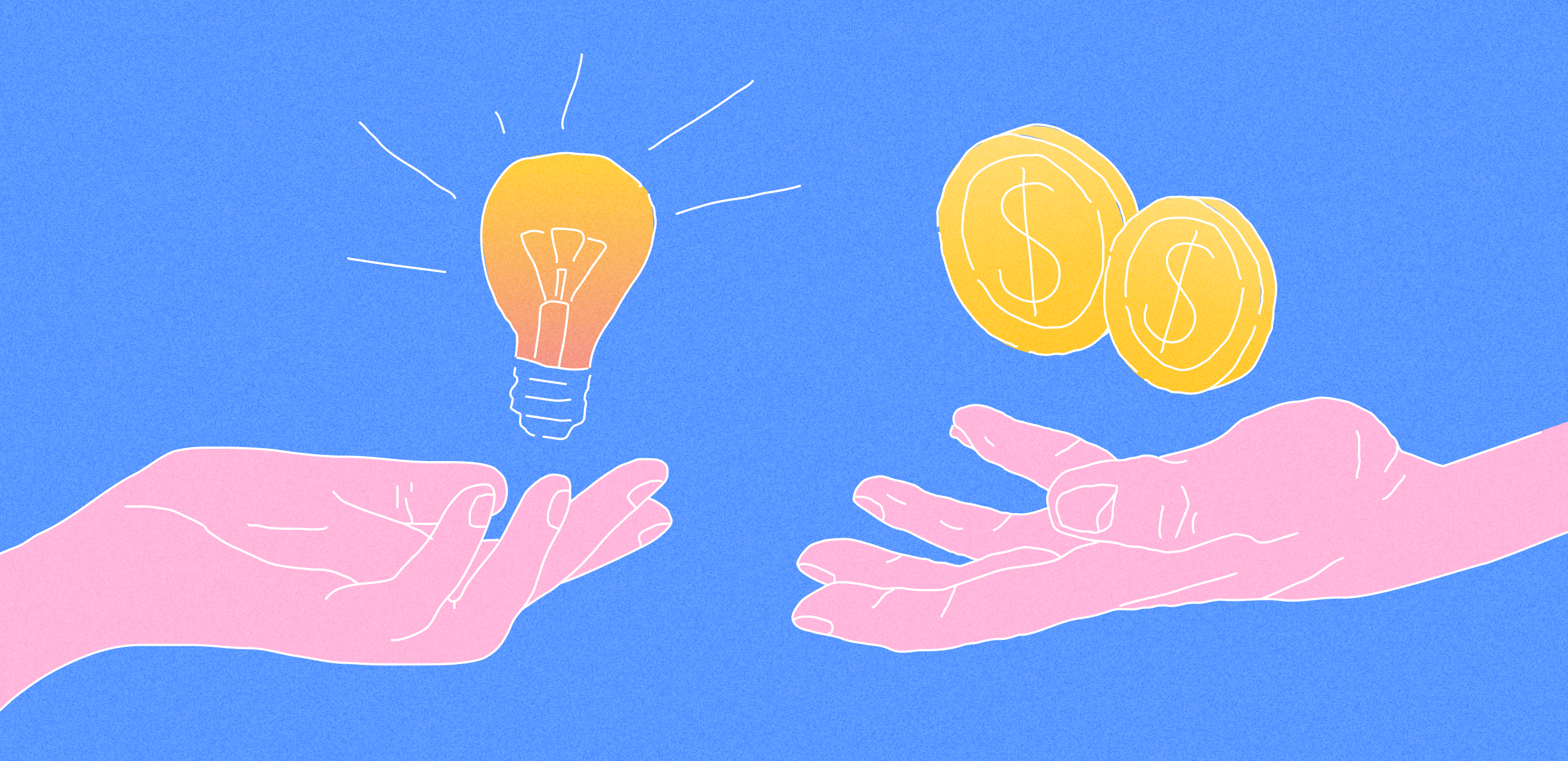 a hand with money reaches to a hand with a lightbulb