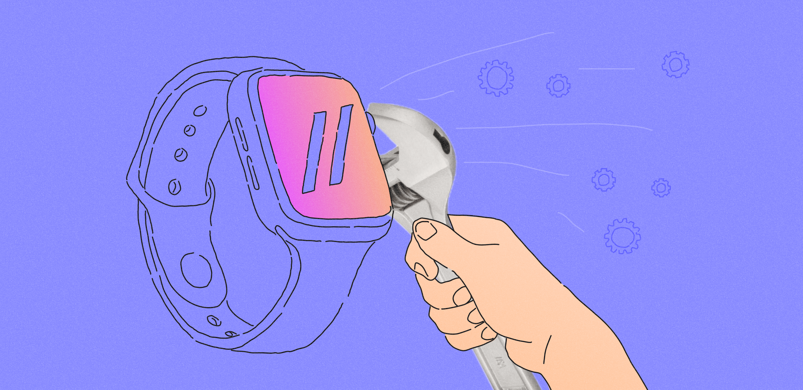 a hand holding a wrench pointed at a smartwatch with a Purrweb logo, symbolizing wearable app development services